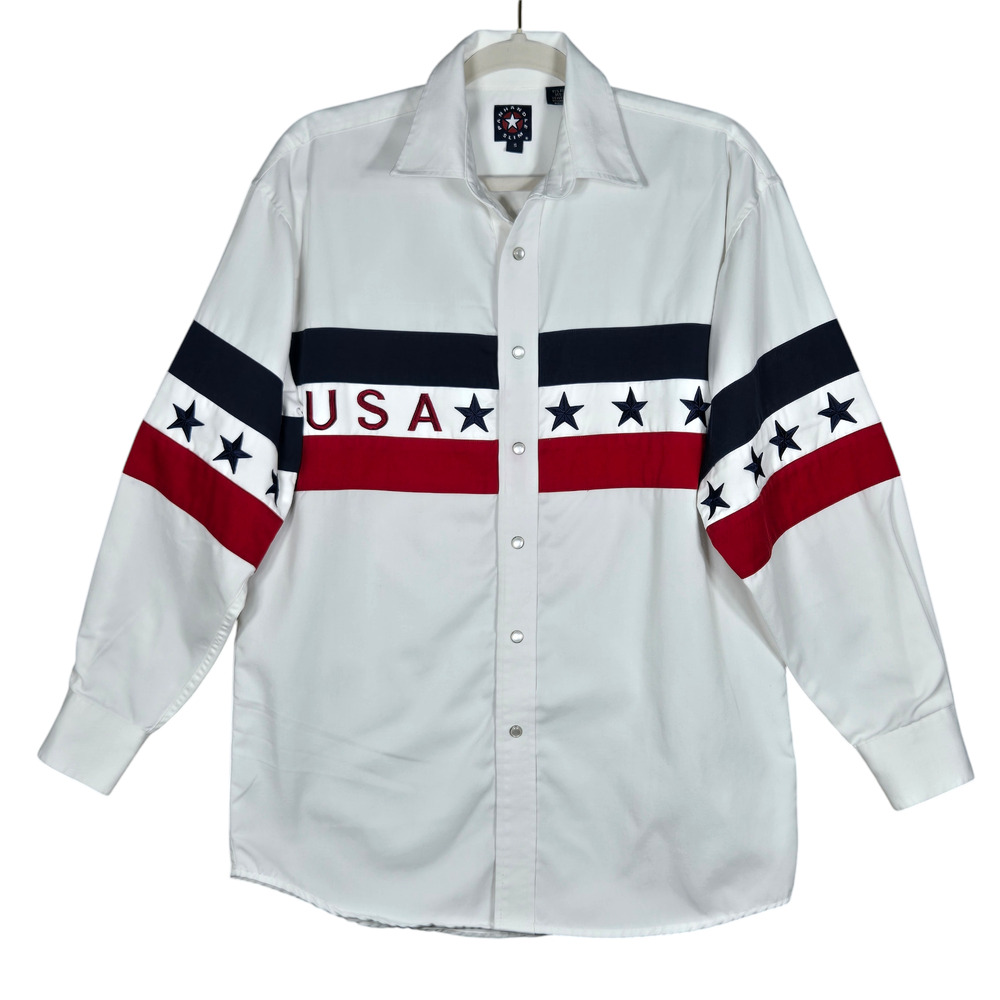 Panhandle Slim Pearl Snap Shirt Mens Small USA Stars Stripes Western Rodeo Dance